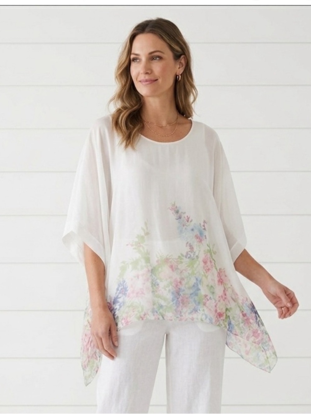 Elena Baldi Women's 100% Silk Caftan Floral Sheer Pullover Blouse Size Large NWT - Picture 1 of 11